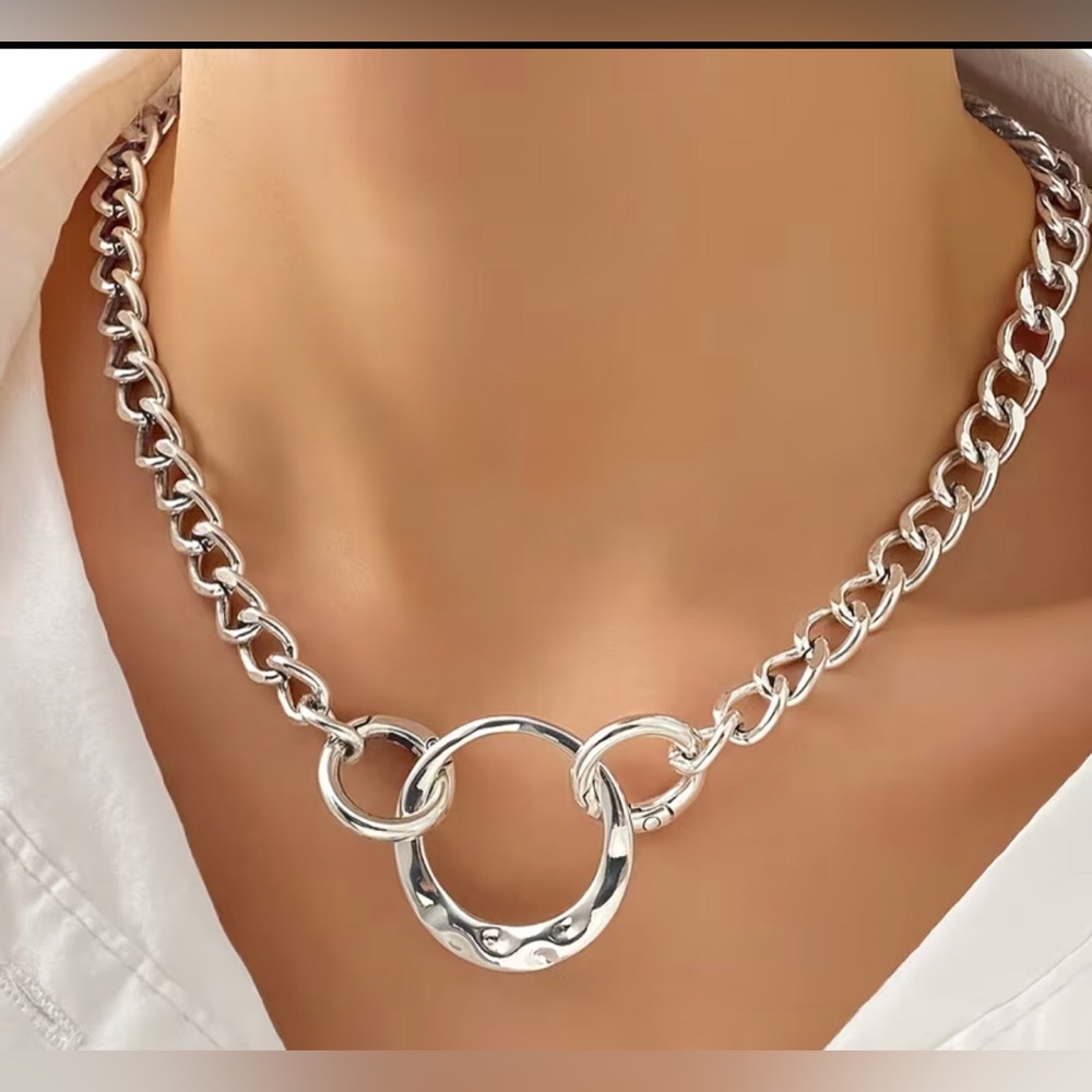 Hip hop Sterling Silver Chunky Chain Necklace with Hoop Pendant
